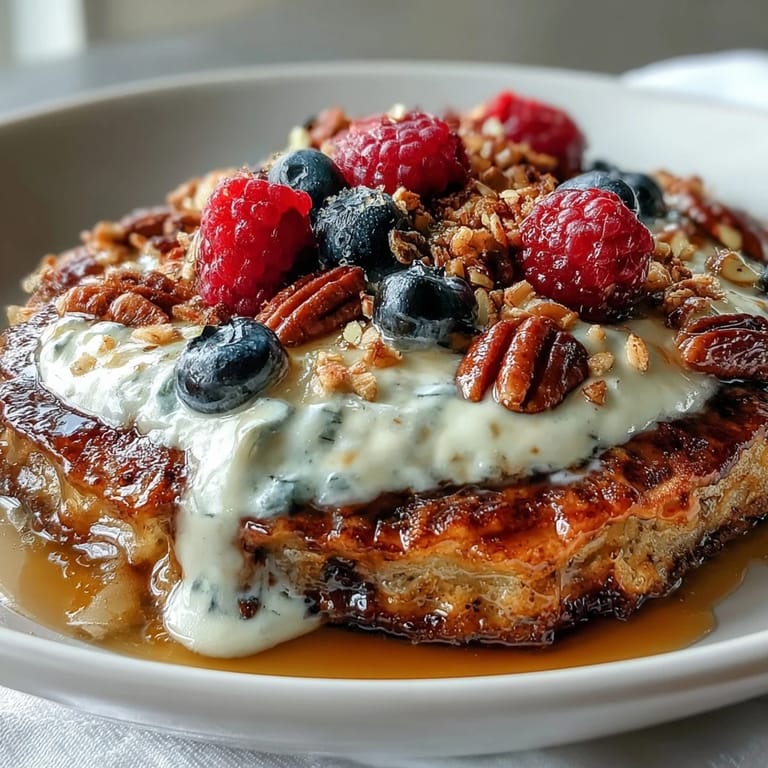 A close-up view of a hearty Protein Pancake Bowl, featuring fluffy pancakes, sliced bananas, blueberries, strawberries, and crunchy granola for breakfast.
