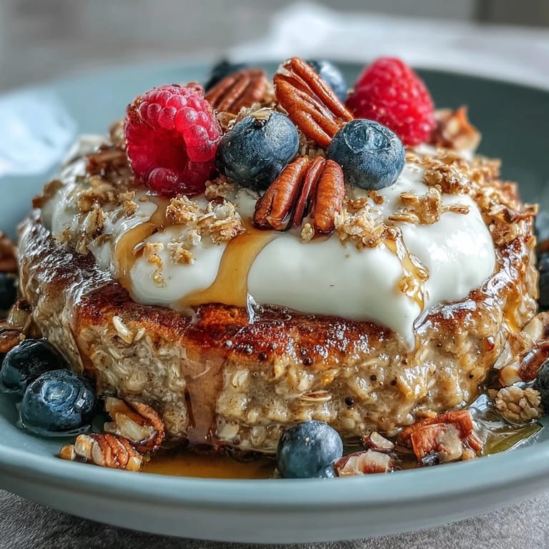 An overhead shot of a Protein Pancake Bowl with warm oats and banana base, swirled with nut butter and garnished with chia seeds.