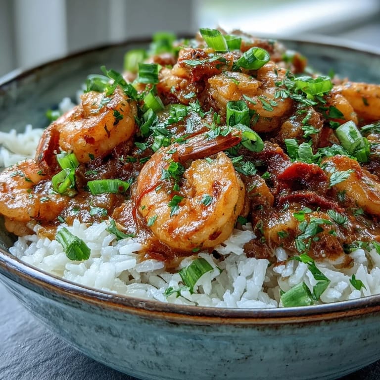 A spoonful of rich, dark roux-based Classic New Orleans Étouffée featuring succulent shrimp in a hearty Creole sauce.