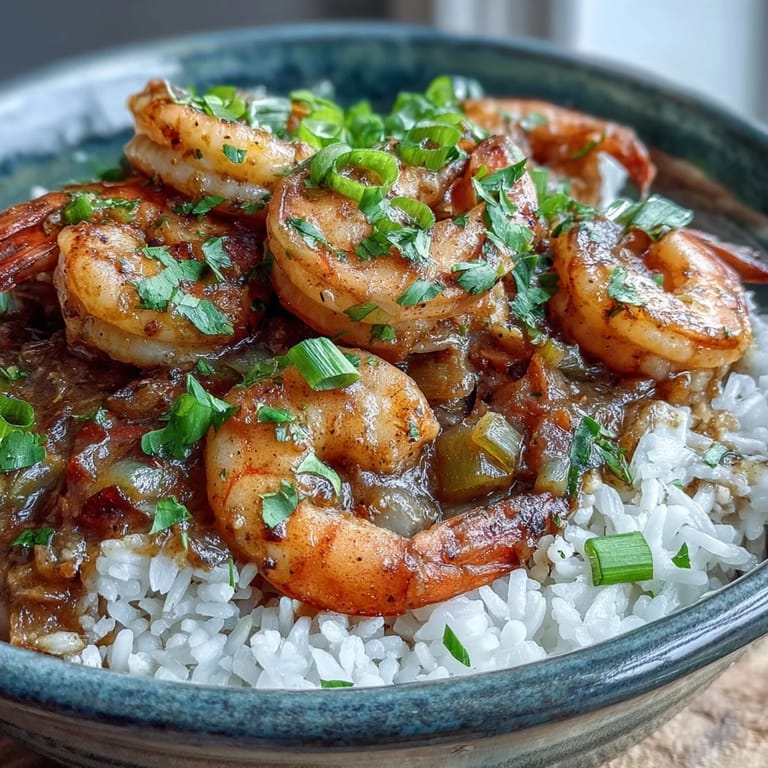Close-up on Classic New Orleans Étouffée with tender shrimp, diced vegetables, and Cajun spices, ready to be enjoyed with rice.