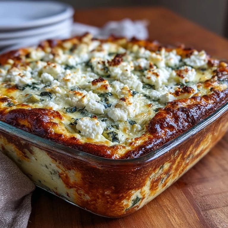 Sliced serving of High Protein Spinach Artichoke Bake revealing creamy cottage cheese, spinach, and artichoke layers.