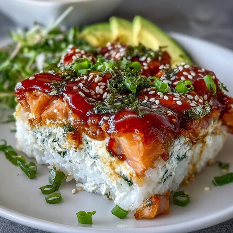 Golden-brown Spicy Salmon Sushi Bake topped with green onions and sesame seeds, ready to serve.