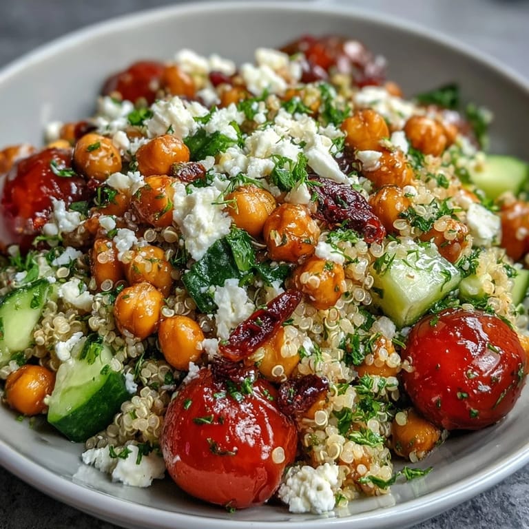 Spoon serving of High Protein Quinoa & Chickpea Salad over fresh greens with chickpeas and quinoa.