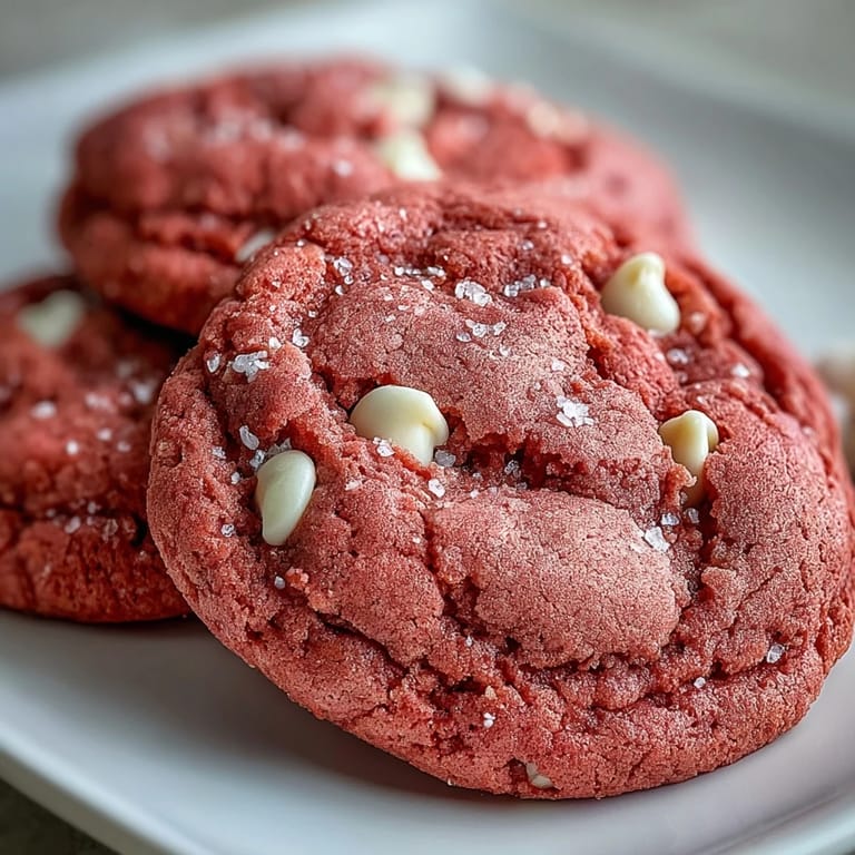 Close-up of Pink Velvet Cookies revealing a tender crumb and generous white chocolate chips, perfect for a sweet treat.