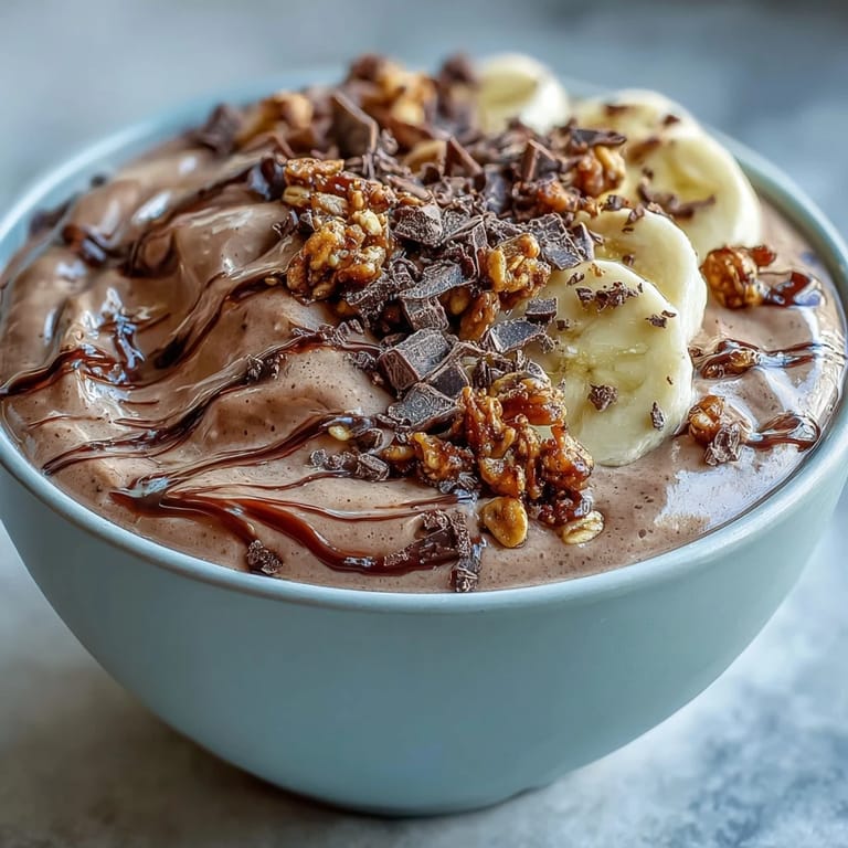 A thick, frosty chocolate peanut butter smoothie bowl garnished with fresh banana and a generous drizzle of peanut butter.