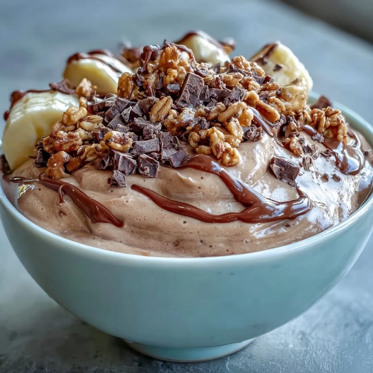 Blended chocolate peanut butter smoothie bowl featuring Greek yogurt and banana, topped with granola and chocolate chunks for crunch.