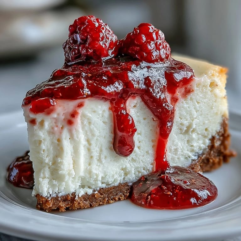 Indulgent White Chocolate Raspberry Cheesecake Bliss on a white plate, garnished with fresh raspberries and a drizzle of sauce, perfect for a celebratory dessert.