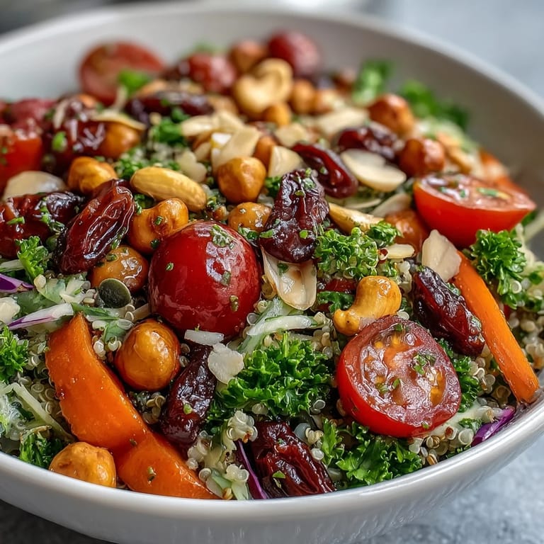 Freshly tossed Rainbow Salad Bowl with zesty lemon dressing, parsley garnish, and vibrant purple cabbage and carrots.