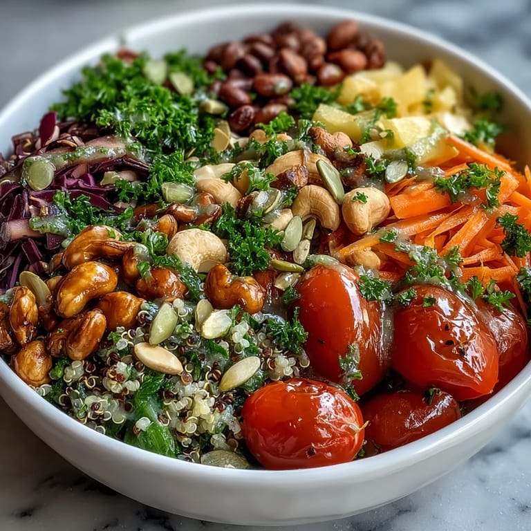 Rainbow Salad Bowl topped with chickpeas, black beans, and pumpkin seeds on a rustic wooden table.