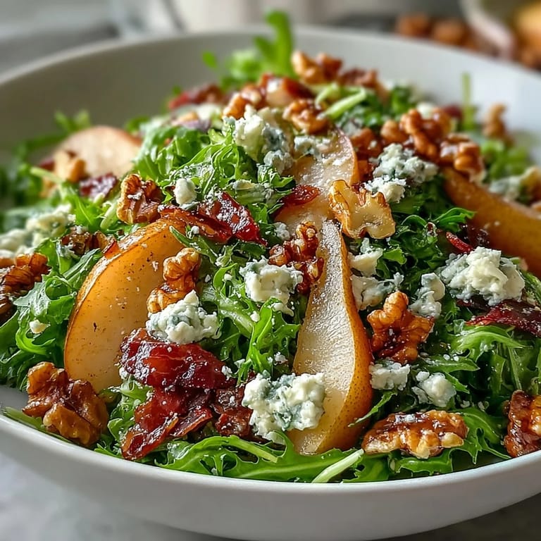 Walnuts and zesty vinaigrette add texture to the Frisée Pear Blue Cheese Bowl served fresh on a platter.