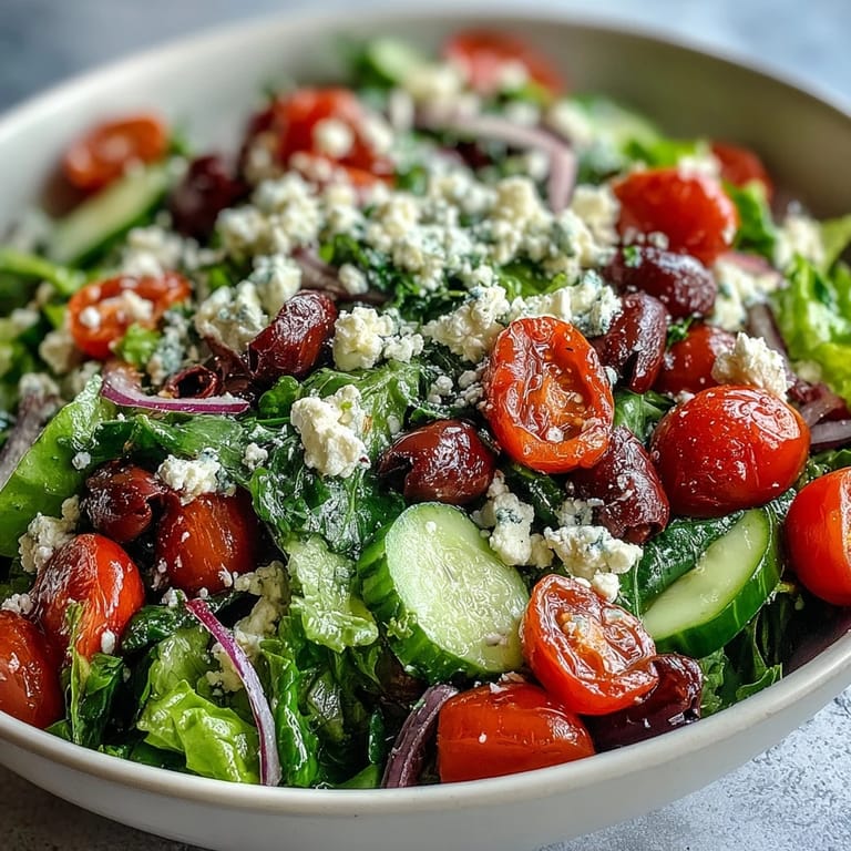 Overhead view of a fresh Mediterranean Green Salad Bowl featuring spring greens, sliced red onion, and briny olives, perfect for a light lunch.