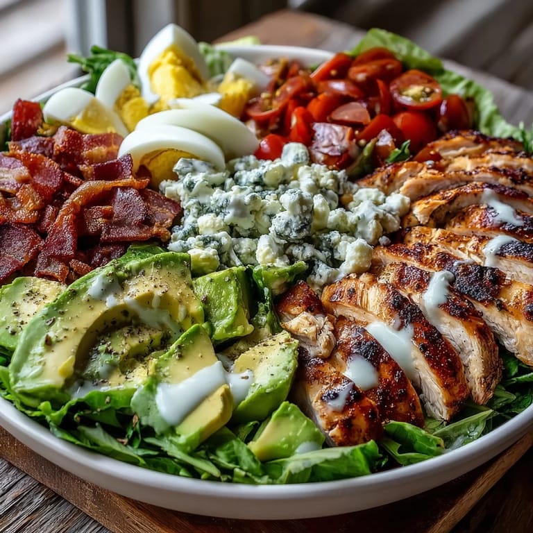 A classic Cobb Salad Bowl with rows of blue cheese, hard-boiled eggs, tomatoes, and bacon over crisp greens.