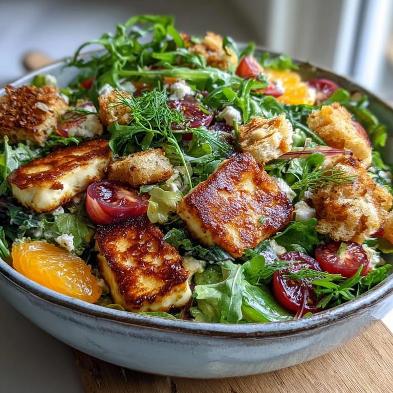 Halloumi Blood Orange Fattoush salad tossed with cucumber, cherry tomatoes, and red onion in a zesty sumac dressing.