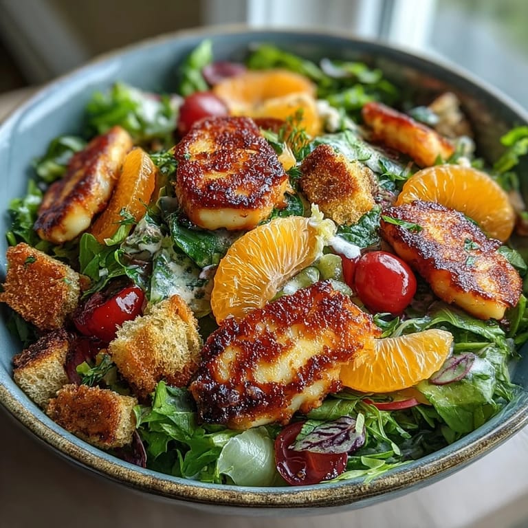 Warm Halloumi Blood Orange Fattoush served on a platter, topped with tangy pomegranate molasses and fresh herbs.