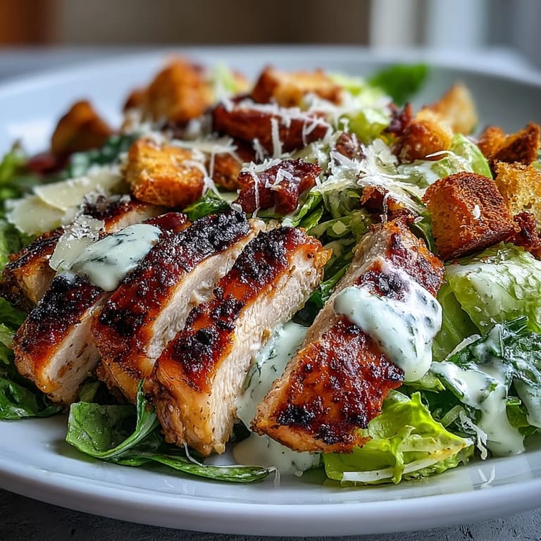 Caesar Chicken Bowl topped with crunchy croutons and creamy dressing ready to enjoy.