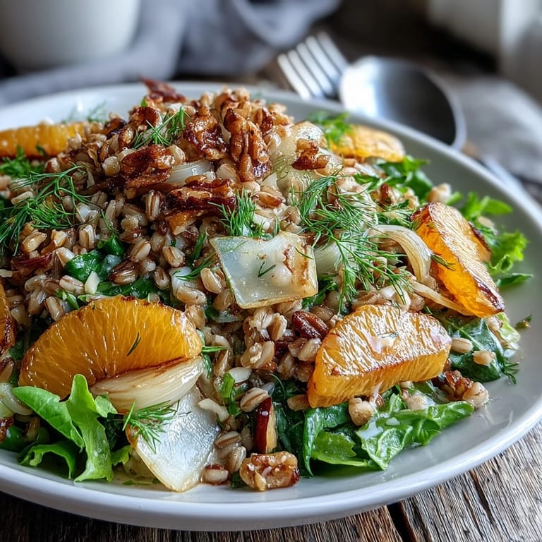 This Mediterranean Farro Salad Bowl with Fennel, Oranges & Almonds is tossed in a zesty orange vinaigrette.