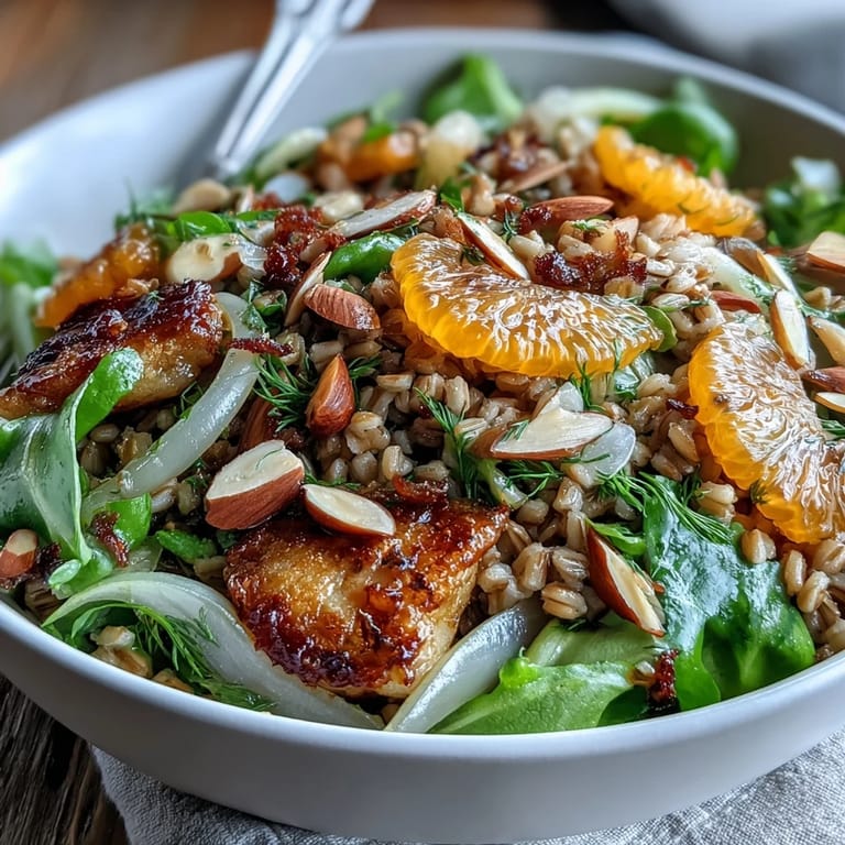 A close-up of a hearty Farro Salad Bowl with Fennel, Oranges & Almonds featuring juicy orange segments.