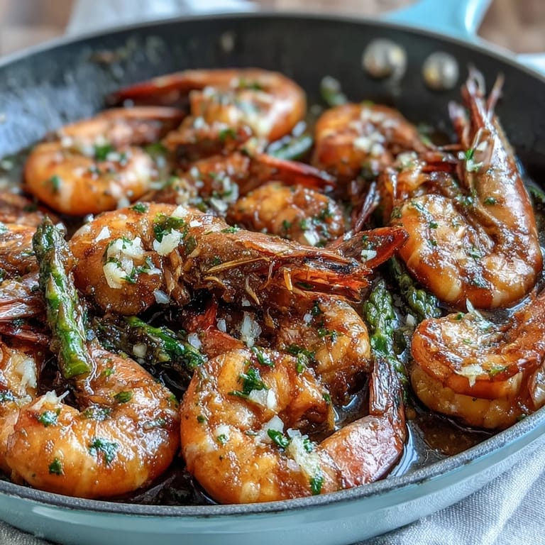 Succulent shrimp and crisp asparagus roasted together in a zesty lemon-garlic glaze for a quick, wholesome meal.