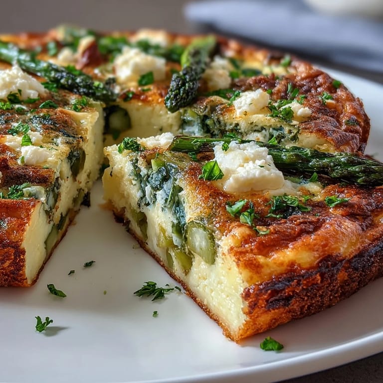 Savory Spring Veggie Frittata featuring tender asparagus, cherry tomatoes, and goat cheese, baked to perfection for a satisfying meal.