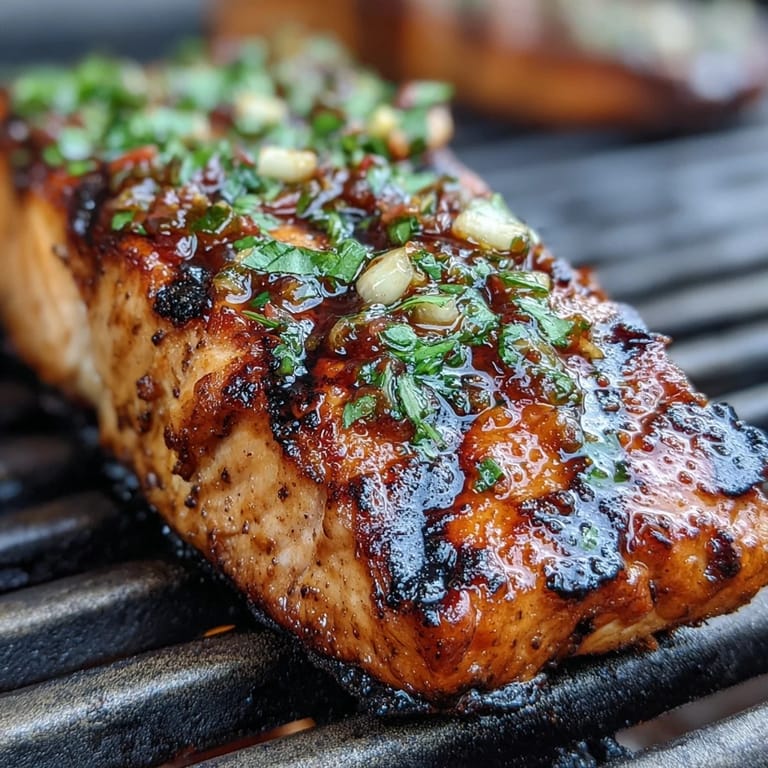 Succulent grilled salmon fillets crowned with tangy strawberry salsa, garnished with cilantro and lemon for a fresh, colorful plate.