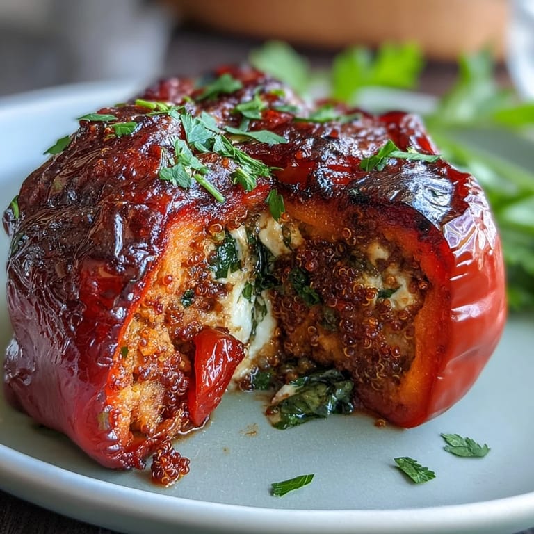Vibrant bell peppers filled with fragrant quinoa, fresh herbs, and sautéed vegetables, a wholesome Mediterranean-inspired meal.  