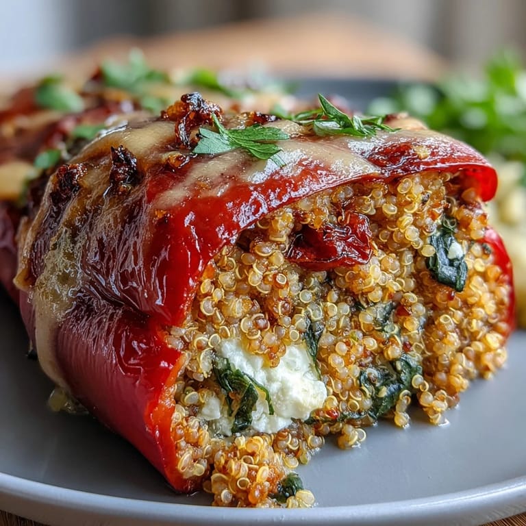Wholesome stuffed bell peppers bursting with quinoa, herbs, and vegetables, baked until tender and topped with feta cheese.
