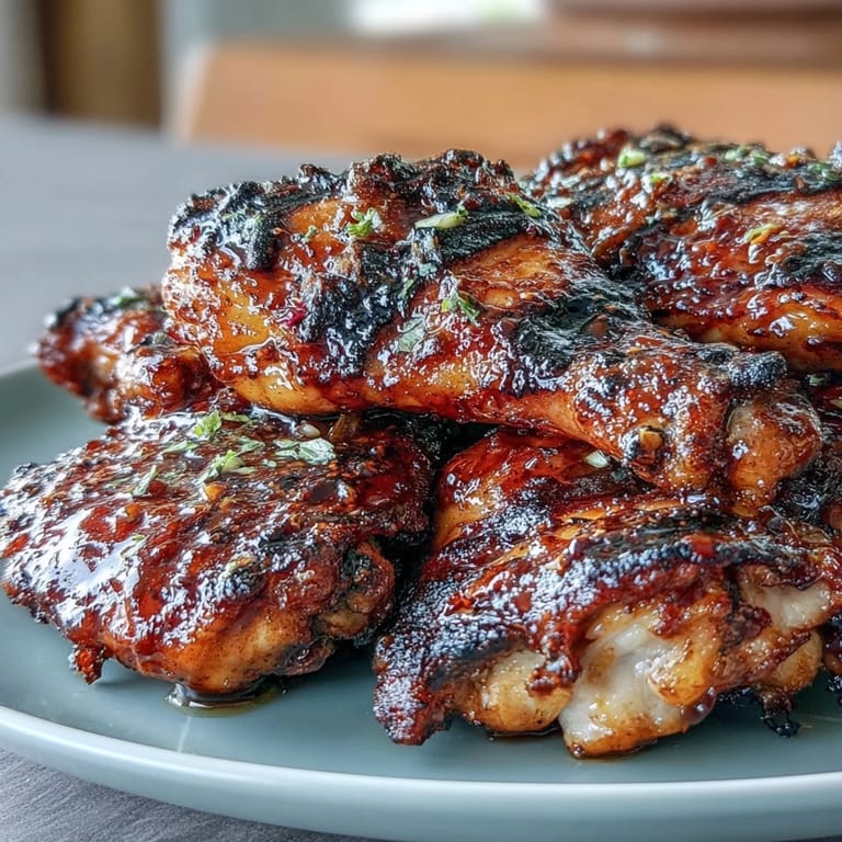 Sticky glazed chicken thighs sizzling on the grill, brushed with honey garlic marinade.