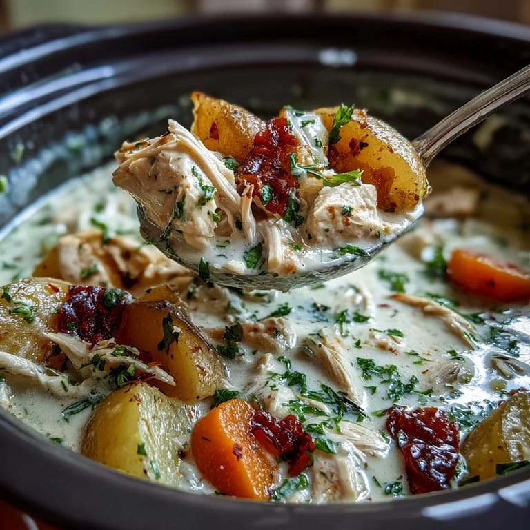 Slow Cooker Chicken Pot Pie Soup filled with shredded chicken, diced potatoes, carrots, and celery in a comforting, creamy base.