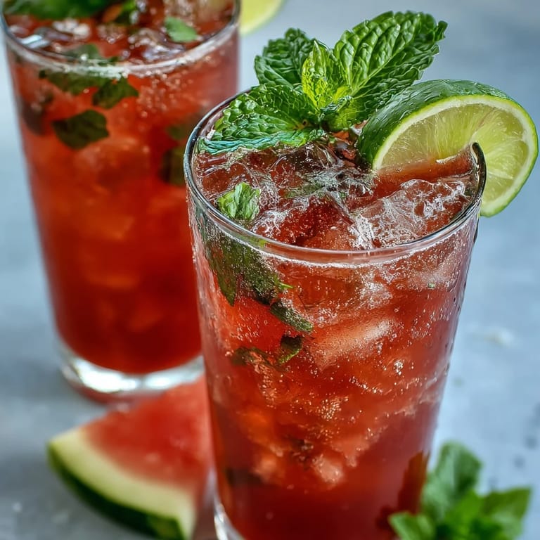 Chilled watermelon mint spritz mocktail, alcohol-free and bursting with juicy fruit flavor, ideal for hot afternoons.