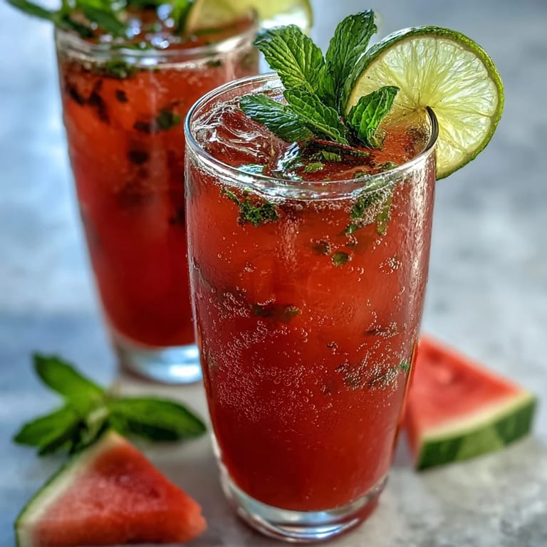 Elegant watermelon mint vodka spritz mocktail, garnished with fresh mint and lime, a festive non-alcoholic beverage.