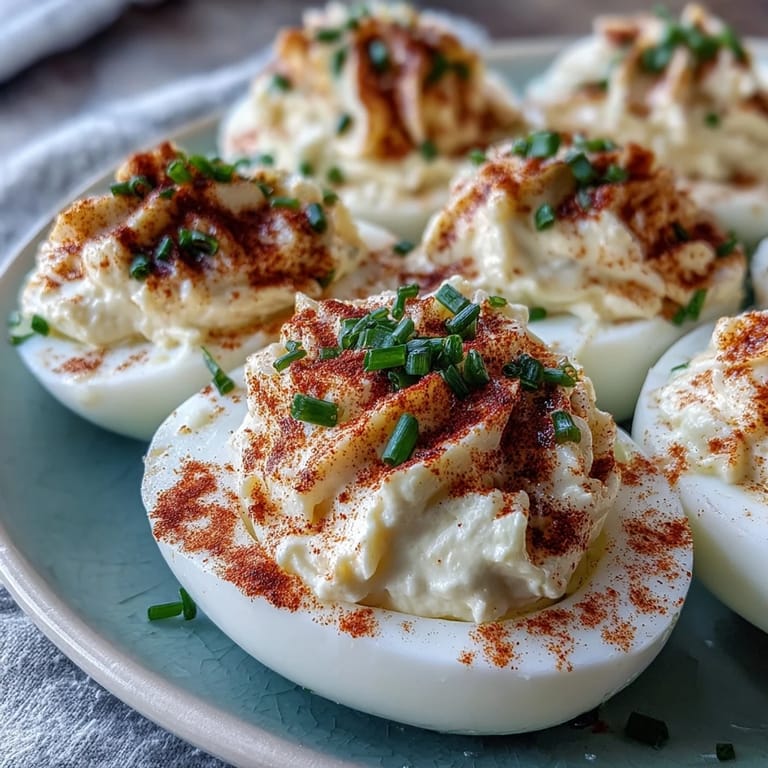 Deviled Eggs with Paprika and Chives, a classic appetizer with tangy filling, topped with vibrant paprika and delicate chive garnish for a crowd-pleasing bite.