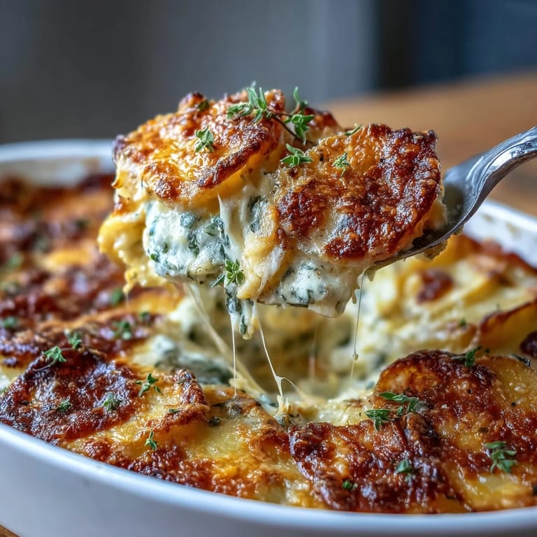Velvety scalloped potatoes crowned with nutty Gruyere cheese, showcasing a perfectly browned crust over delicate potato slices in a fragrant cream bath.
