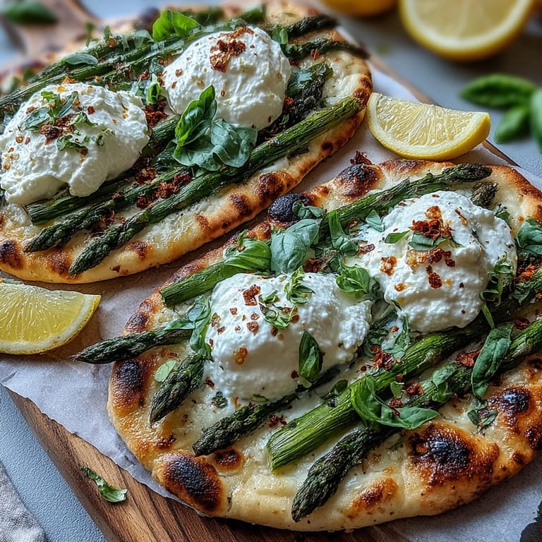 Warm flatbread showcasing tender roasted asparagus, gooey burrata, and a zesty lemon finish.