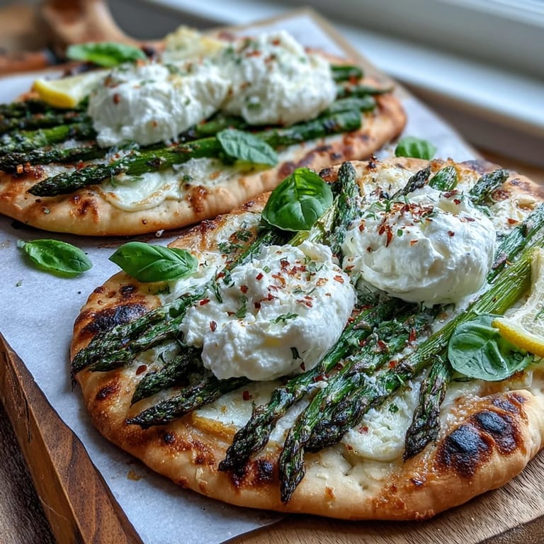 Vibrant roasted asparagus flatbread, burrata, and lemon—a delightful appetizer for any occasion.