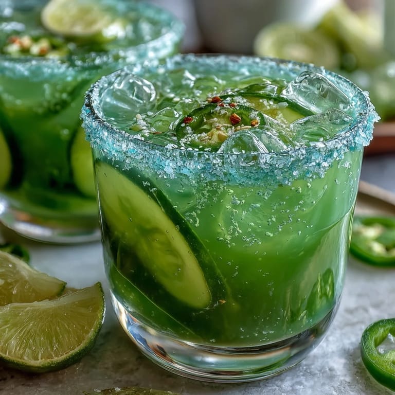 Refreshing alcohol-free pickle margarita, bright lime, with jalapeño salt rim.