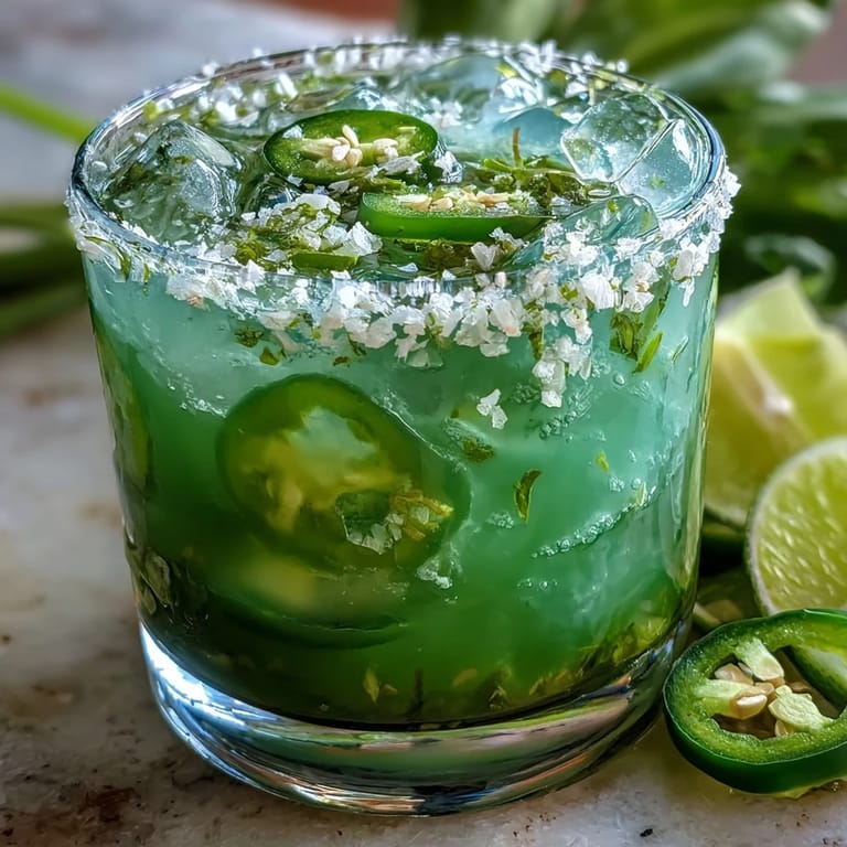 Tangy and zestyViral Pickle Margarita Mocktail, garnished with pickle spear and lime.