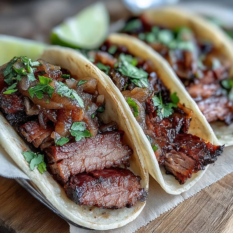 Tender, slow-smoked brisket tacos piled high with zesty pickled onions, lime.