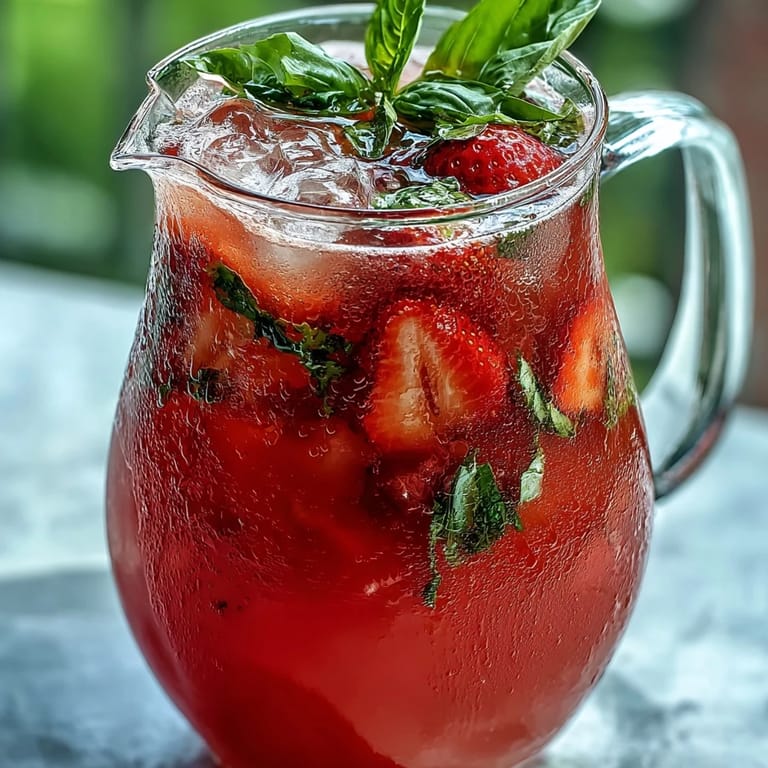 Refreshing Strawberry Basil Lemonade Pitcher, ideal as a festive party beverage.