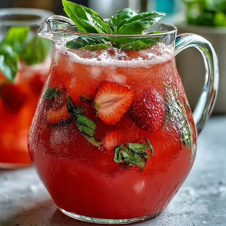 Chilled Strawberry Basil Lemonade Pitcher with vibrant red and green garnishes.