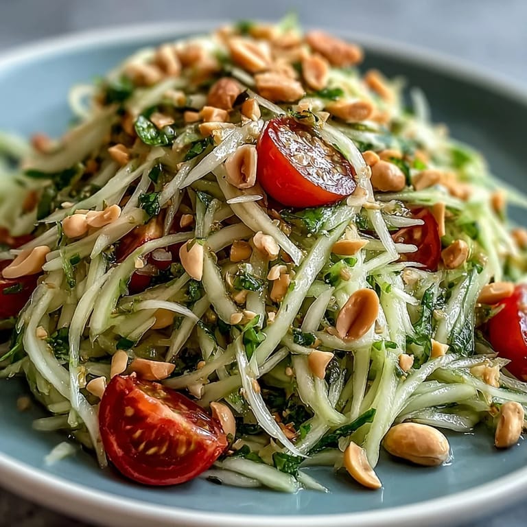 Crisp Som Tam salad, showcasing shredded papaya, crunchy peanuts, and zesty lime.