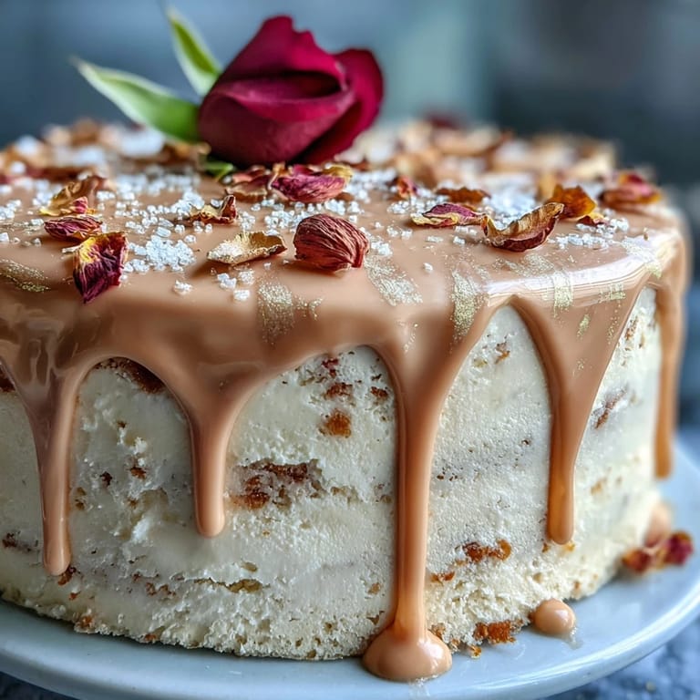 Succulent blushing rosé velvet cake, artfully drizzled with edible gold shimmer.