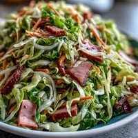 Freshly tossed German Cabbage Coleslaw With Shredded Ham displays crisp green and red cabbage, grated carrots, and savory smoked ham pieces glistening with tangy dressing.