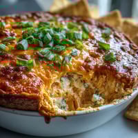Golden, bubbling Buffalo Chicken Dip fresh from the oven, served with sturdy tortilla chips for dipping.