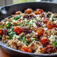 Freshly cooked Mediterranean Keto Ground Chicken Skillet in a cast iron pan with juicy tomatoes, Kalamata olives, and crumbled feta, garnished with parsley.