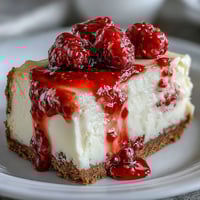 A slice of Indulgent White Chocolate Raspberry Cheesecake Bliss shows a creamy texture and a swirl of vibrant red raspberry sauce on a graham cracker crust.