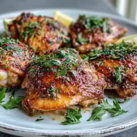 Golden-brown oven baked chicken breast fresh from the oven, garnished with parsley and lemon slices on a baking sheet.