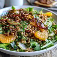 A vibrant Farro Salad Bowl with Fennel, Oranges & Almonds topped with toasted almonds and fresh greens.