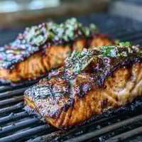 Grilled salmon with strawberry salsa, featuring juicy fillets topped with vibrant, zesty fruit salsa and fresh herbs.