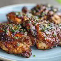 Grilled honey garlic chicken thighs with caramelized edges and juicy meat on a serving platter.