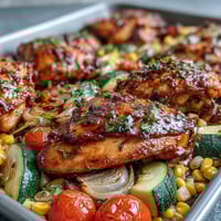 A colorful sheet pan dinner with roasted chicken, zucchini, and sweet corn, garnished with fresh herbs.  